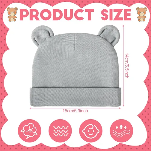 Vista 3 de 10 unidades de gorro de bebé recién nacido, con orejas de oso, gorro de hospital de algodón para recién nacidos, sombrero de hospital para niños