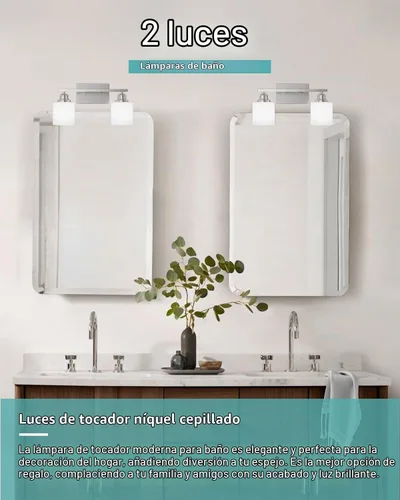 Vista 2 de Accesorios de iluminación de baño Sailstar de 2 luces, accesorios de iluminación de tocador de níquel cepillado, lámpara de tocador moderna