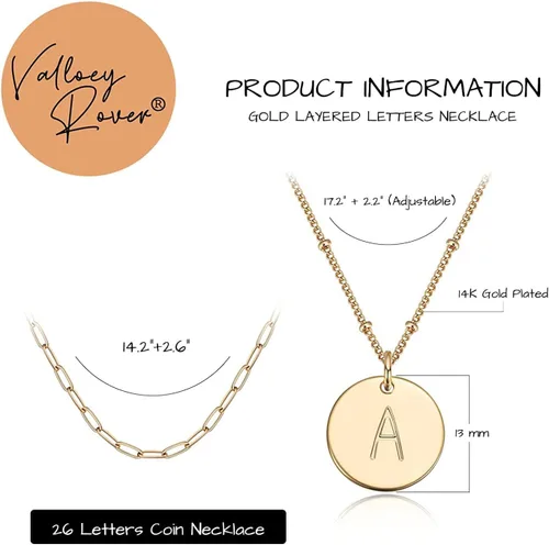 Vista 5 de Valloey Rover - Collares con inicial para mujer, chapado en oro de 14 quilates, delicado collar de letra redonda, dije de disco de moneda de doble