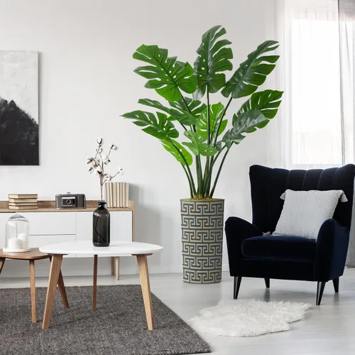 Vista 17 de Árbol artificial en macetero con patrón geométrico moderno, palmera tropical areca artificial de seda para decoración del hogar en interiores