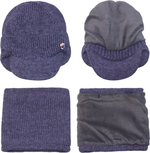 Vista 4 de Muryobao Gorro de invierno para hombre, con visera de punto, con forro polar y calentador de cuello