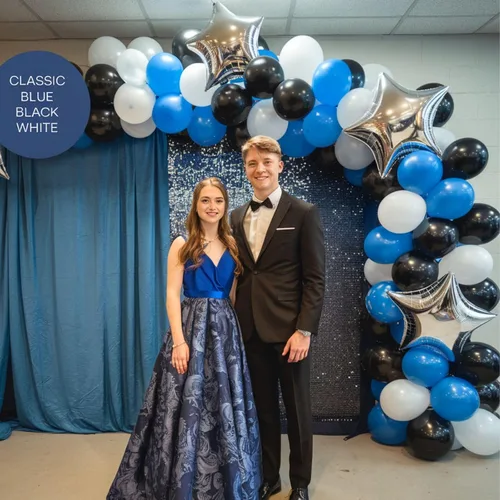 Vista 6 de Globos azules y negros, globos de graduación de 12 pulgadas, globo de látex de confeti azul oscuro, negro, blanco, plateado metálico, para niños