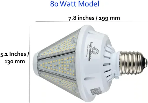 Vista 3 de RuggedGrade Bombilla LED de gran altura de 80 W, serie Oberon II, 9,800 lúmenes, blanco cálido de 3000 K, incluye base intercambiable E39 y E26