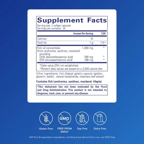 Vista 2 de Pure Encapsulations DHA Ultimate Concentrado de aceite de pescado DHA supercrítico ecológico extraido con CO2 60 cápsulas de cápsulas blandas