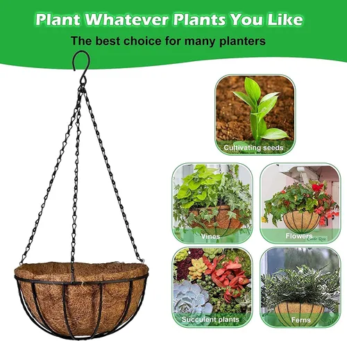 Vista 4 de GWY Cestas colgantes para macetas, 3 paquetes de 12 pulgadas, soporte de alambre de metal para plantas con forro de coco y cadena negra para colgar