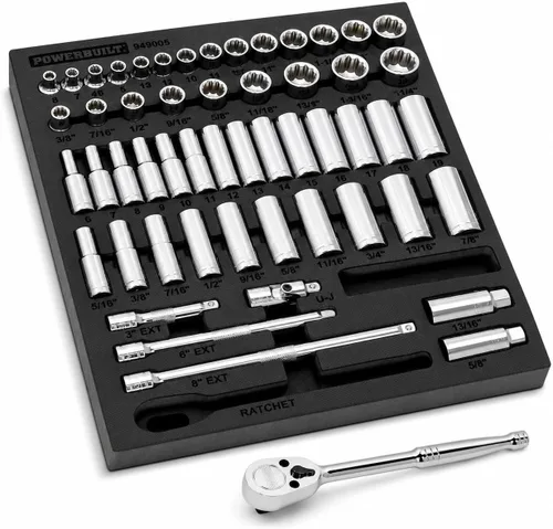 Vista 14 de Powerbuilt Master Juego de llaves de impacto de 63 piezas de 1/2 pulgada, extensiones, llaves de impacto métricas y SAE profundas/estándar, junta