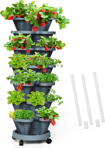 Vista 33 de Macetas verticales de fresa, paquete de 2 unidades, torre apilable de 5 niveles con poste de soporte, macetas apilables para hierbas y verduras
