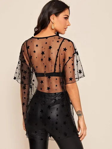 Vista 2 de Verdusa Camiseta de malla transparente para mujer, de media manga, larga, de gran
