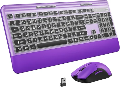 Vista 8 de Combo de teclado y mouse inalámbricos silenciosos, teclado con cubierta de impresión grande, teclado ergonómico de tamaño completo de 2.4 GHz