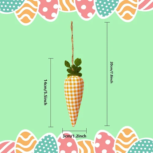 Vista 2 de 16 adornos colgantes de zanahoria de Pascua, patrón de estampado a cuadros, mini zanahoria artificial, adornos colgantes para fiesta de Pascua