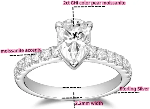 Vista 2 de DovEggs Center 2ct 6X9mm G-H-I Color Pear Shaped Moissanite Hidden Halo Engagement Ring Curved Enhancer Guard with accents 14k Gold QUALITY Silver