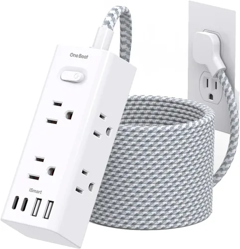 Vista 14 de One Beat Cable de extensión corto de 1 pie, regleta de alimentación de enchufe plano, protector de sobretensiones – 6 salidas amplias con 4 puertos