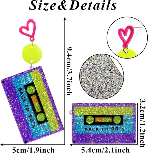 Vista 7 de RechicGu Aretes de aro de corazón de neón de los años 80 y 90 para fiesta brillante, atuendo retro de los años 70, accesorios de joyería, regalo