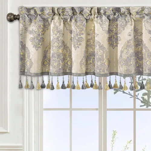 Vista 13 de Loom and Mill Cenefas de jacquard de lujo para ventana de sala de estar, elegante cenefa de cortina de damasco beige con ribete de cuentas, cortina