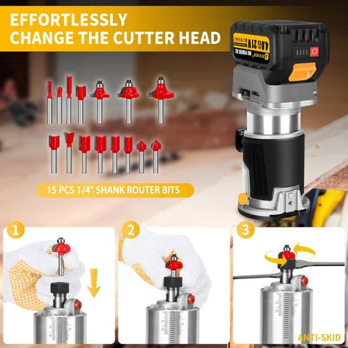 Vista 7 de JEXUGK Enrutador Inalámbrico Sin Escobillas, Enrutador de Madera Compacto de 21V con Batería de 2x4.0Ah, Enrutador de Palma Portátil Pequeña con 6