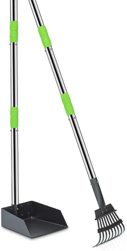 Vista 9 de Niubya Recogedor de excrementos para perros, bandeja de metal para recoger excrementos y rastrillo con mango largo ajustable, recogedor de Negro