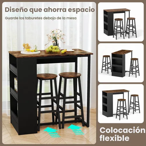 Vista 6 de COSTWAY Juego de mesa de bar de 3 piezas, juego de mesa de desayuno de con 3 estantes de almacenamiento, 2 taburetes redondos, juego de mesa
