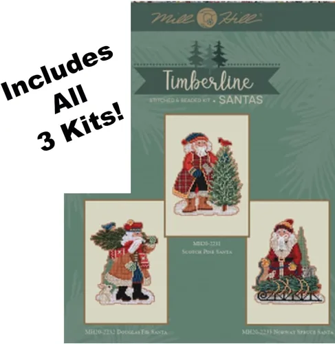 Vista 2 de Mill Hill Timberline Santa Set (2022) Juego de 3 kits de punto de cruz con cuentas que incluyen pino escocés, abeto Douglas y Papá Noel de abeto