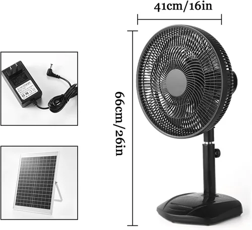 Vista 2 de Ventilador de piso solar portátil, ventilador de pedestal oscilante recargable con panel solar, batería de 15600 mAh, dos métodos de carga