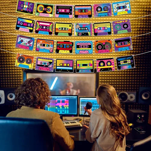 Vista 5 de 4 pancartas de fiesta con cinta de casete, decoración de casete retro para radio Boombox, decoración de casete para cumpleaños de los años 80 y 90