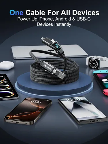 Vista 12 de Cable de carga 4 en 1 de 5 pies, 240 W USB C a USB C cable de carga rápida trenzado plano combo de cable cargador para iPhone USB A/C a C/L