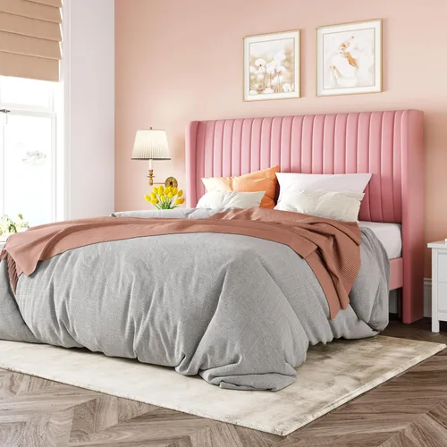 Vista 10 de Allewie - Base de cama tamaño Full con cabecera tapizada en terciopelo y diseño acanalado vertical; plataforma de cama tapizada; listones de madera