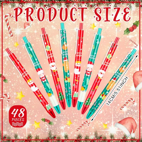 Vista 2 de Leinuosen 48 piezas de bolígrafos de Navidad a granel lindos bolígrafos retráctiles de tinta de gel de color rojo y verde, diseño de renos y árbol