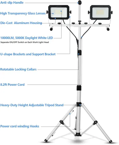 Vista 3 de Luz de trabajo LED UFOND de 10000 lúmenes con soporte, luces de trabajo de doble cabeza impermeables desmontables, proyector con interruptor