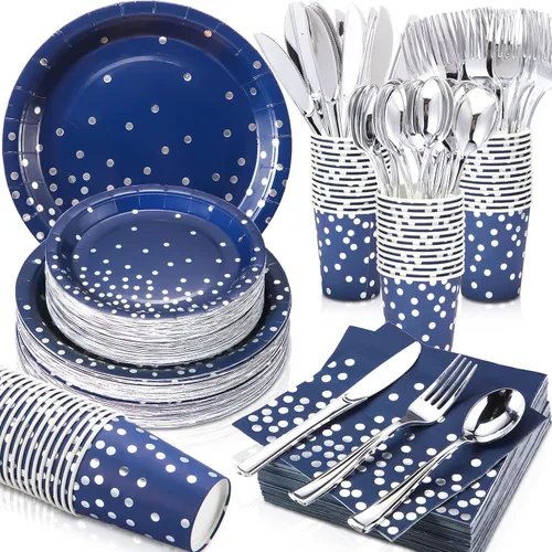 Vista 8 de Sieral 560 piezas de suministros de fiesta negros y dorados para 80 invitados, kits de vajilla de punto dorado, platos de papel negro, tazas