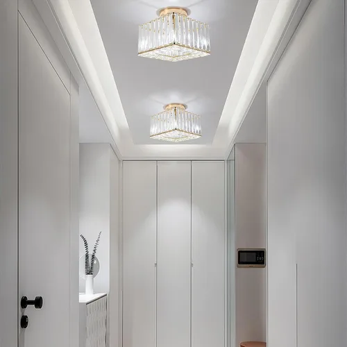 Vista 6 de Moderna lámpara de techo de cristal, iluminación semiempotrada con acabado dorado LED con base E26/27 para dormitorio, entrada, vestíbulo, pasillo