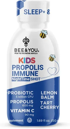Vista 4 de Bee and You Kids Propolis Immune Night Time Shot - Probiótico, melisa, cereza ácida, apoyo para dormir, apoyo inmunológico, salud intestinal, 1.69
