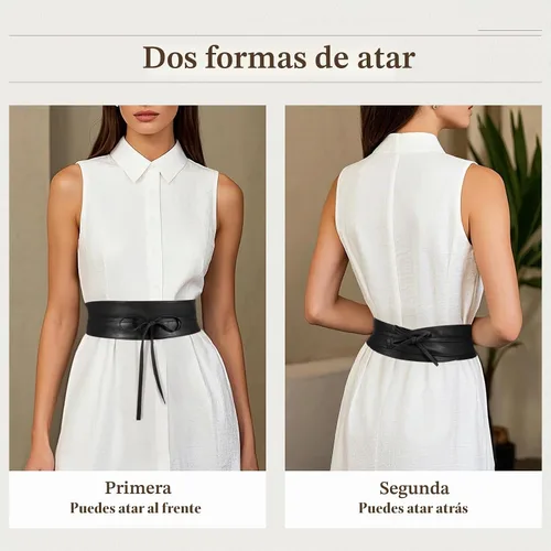 Vista 4 de JASGOOD Cinturón de cuero estilo Obi para mujer, cinturón ancho cruzado Negro