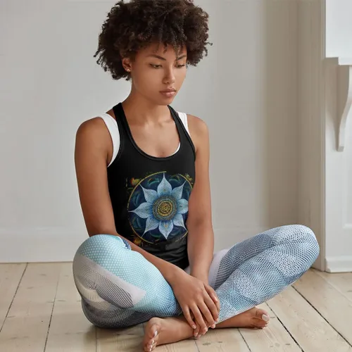 Vista 4 de Mandala Motif Racerback Tank - Artwork Tank - Blue Flower Workout Tank