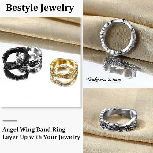 Vista 7 de Bestyle Anillos antiguos de ala de ángel para mujeres y hombres, anillos de banda de plumas de guardián, anillos de promesa de pareja