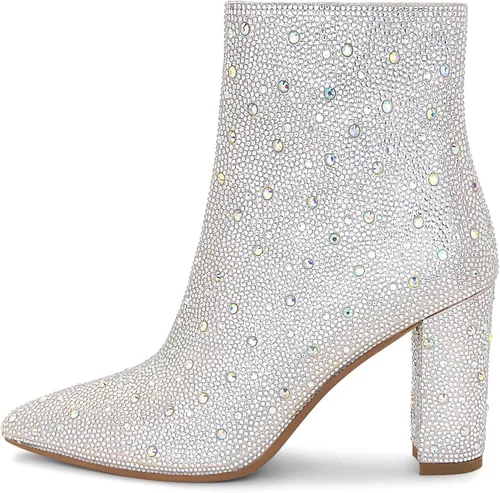 Vista 2 de SOVANYOU Botas de diamantes de imitación brillantes para mujer, botines de tacón alto grueso con cremallera lateral