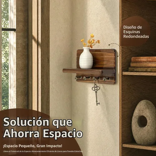 Vista 5 de Rebee Vision Soporte de pared de madera de acacia para decoración del hogar, mini llavero de 7 pulgadas para pared con 4 ganchos resistentes