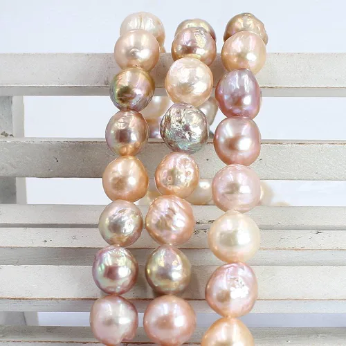 Vista 4 de Joyería Artesanía Natural AA Grado 0.354-0.433 in Redondo Reborn Edison Cultivado Blanco Rosa y Púrpura Mezcla de Perlas de Agua Dulce 15 pulgadas