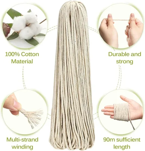 Vista 4 de Cuerda de macramé de 5 mm * 295 pies, cuerda de algodón natural de 8 hebras trenzadas para manualidades, hilo de algodón para tejer, para colgar
