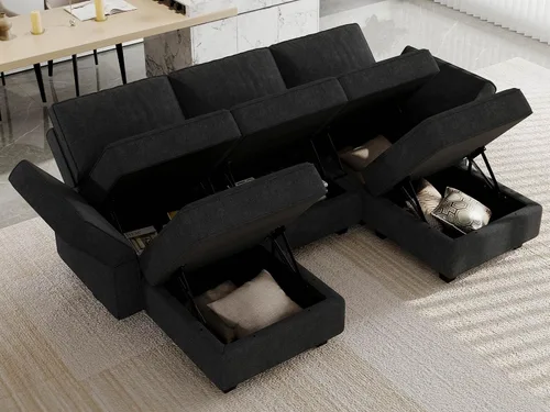 Vista 3 de Belffin Sofá seccional modular de tela en forma de U Sofá seccional doble diván Sofá otomano convertible con almacenamiento negro