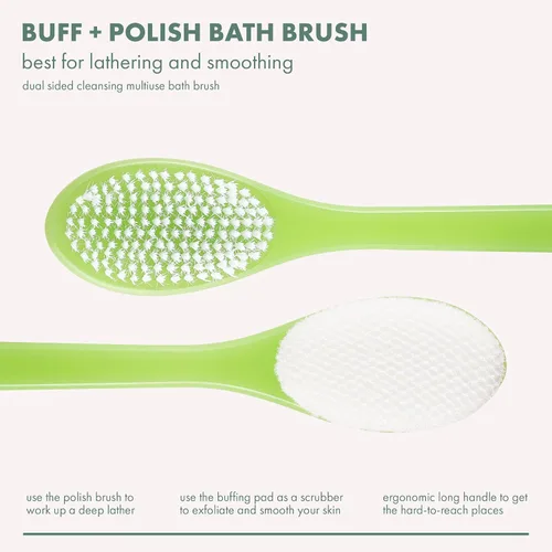 Vista 2 de EcoTools Buff + Cepillo de baño pulido, mango largo para limpiar y exfoliar la espalda y zonas difíciles de alcanzar, cepillo de ducha ecológico que