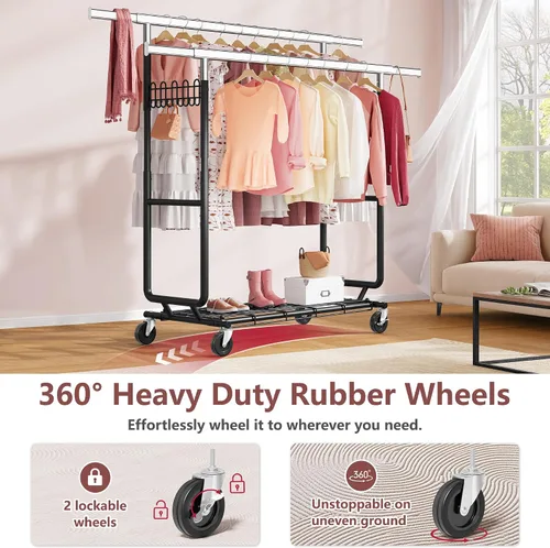 Vista 6 de Hoctieon Perchero de doble varilla de montaje en 2 minutos, estante resistente para ropa con ruedas, plegable para uso comercial, barra extensible