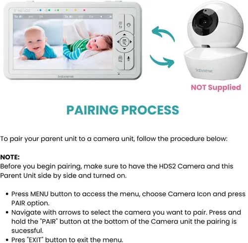 Vista 6 de Babysense Cámara complementaria de repuesto para monitor de bebé de video HDS2 solamente, funcionará solo con monitores HDS2, requiere unidad