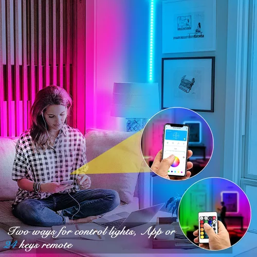 Vista 5 de DAYBETTER Tira de luces LED inteligentes de 100 pies con control remoto de aplicación, 5050 RGB para dormitorio, sala de estar, decoración