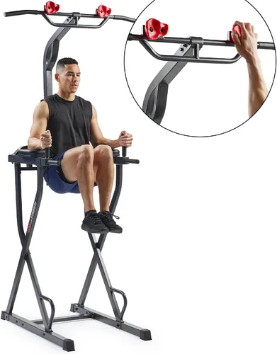 Vista 2 de Sunny Health & Fitness Power Tower Dip Station & Pull-Up Bar, Multi-Function Strength Training Equipment with Captain’s Chair, Push-Up Bars & Core
