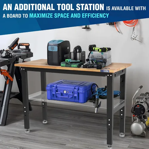 Vista 4 de WORKPRO Banco de trabajo de garaje ajustable, escritorio de trabajo resistente con parte superior de madera de goma de 48 x 22 pulgadas, con tomas
