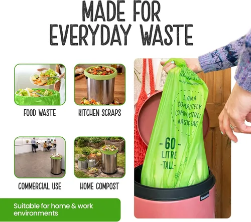 Vista 4 de Eco Green Living - Bolsas de basura biodegradables 100% compostables de 60 litros para residuos de alimentos, bolsas altas de cocina, veganas