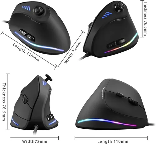 Vista 7 de Ratón vertical, ergonómico USB con cable vertical con [5 D Rocker] [10000 DPI] [11 botones programables], mouse RGB