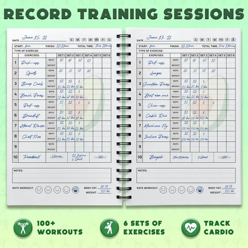Vista 8 de Planificador de entrenamiento para seguimiento diario de fitness y establecimiento de objetivos, tamaño A5, 6 x 8 pulgadas, verde avo, cubierta más