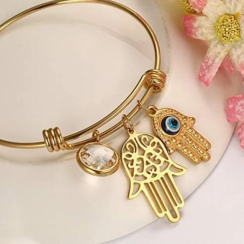 Vista 2 de Pulsera de acero inoxidable con dije de mal de ojo, buena suerte, Hamsa, mano de Fátima, regalo para mujer, Acero inoxidable
