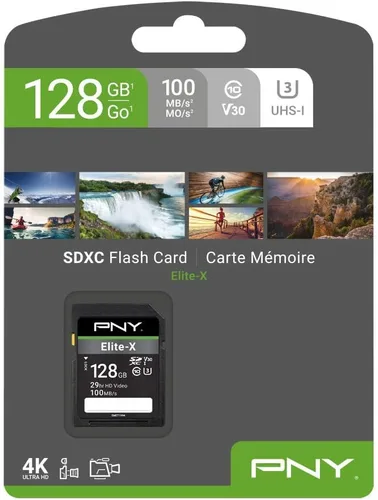 Vista 2 de PNY Tarjeta de memoria flash Elite-X Class 10 U3 V30 SDXC de 128 GB, 100 MB/s, clase 10, U3, V30, 4K UHD, Full HD, UHS-I, SD de tamaño completo